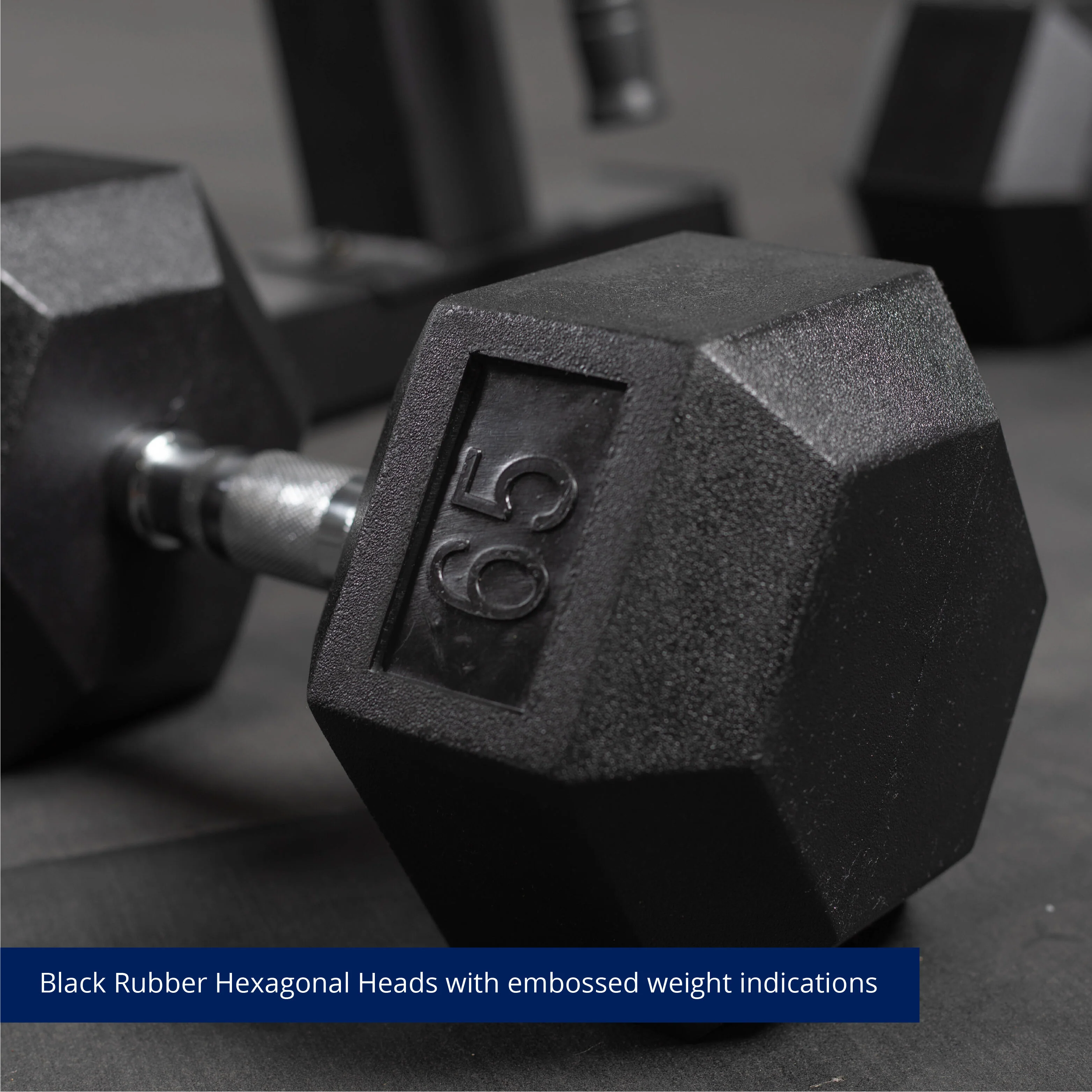Scratch and Dent, Single 65 lb Black Rubber Coated Hex Dumbbell - Image 2