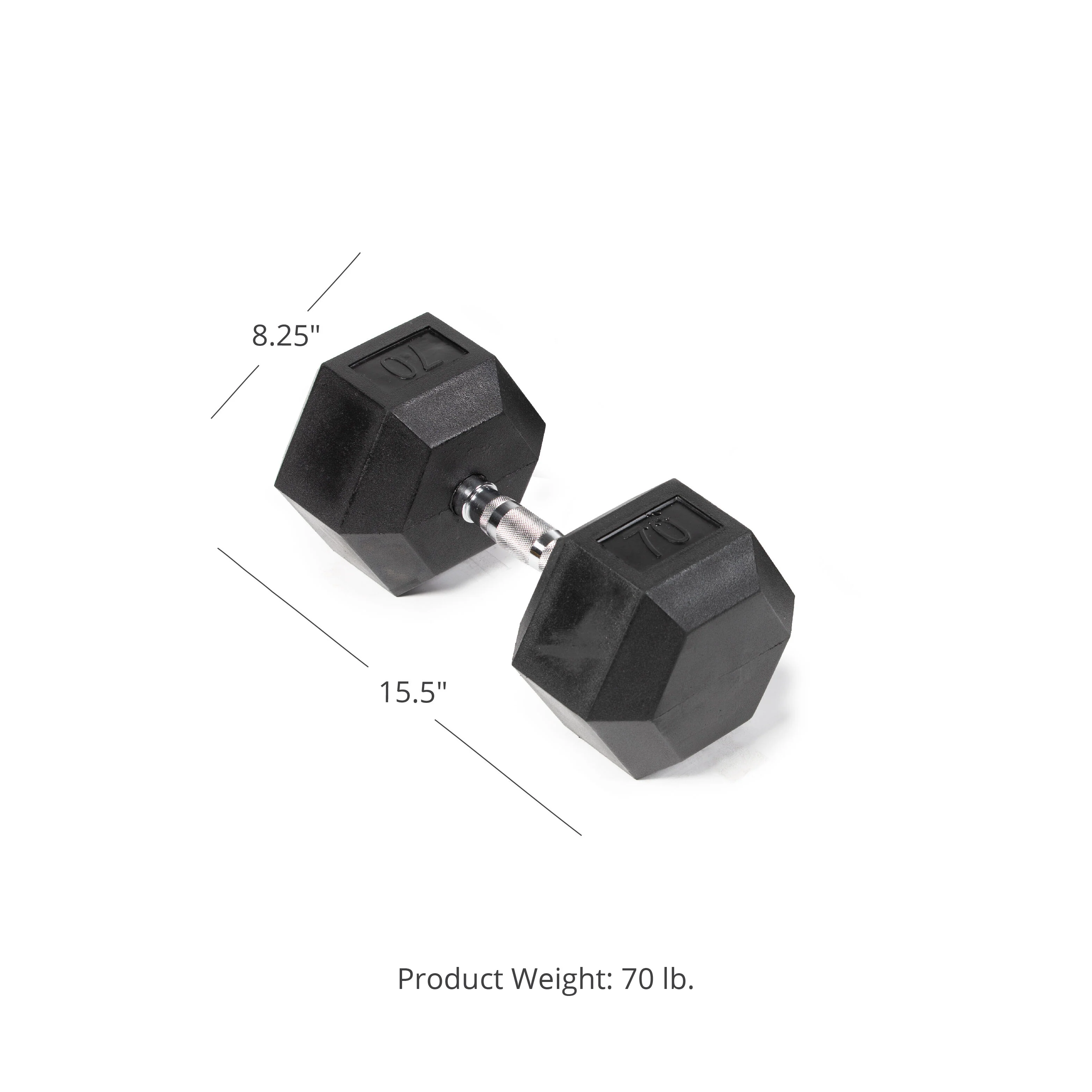 Scratch and Dent, Single 70 lb Black Rubber Coated Hex Dumbbell